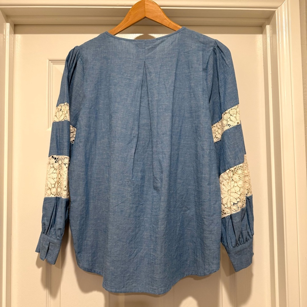 NWT Johnny Was $310 Thalassa Pieced Button Down Chambray Top Blouse Shirt Size S - Picture 3 of 16
